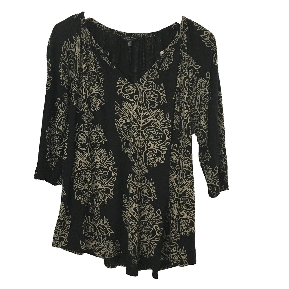Lucky Brand Blouse Top Size 2X Keyhole‎ Pleated Front 3/4 Sleeve Black Khaki